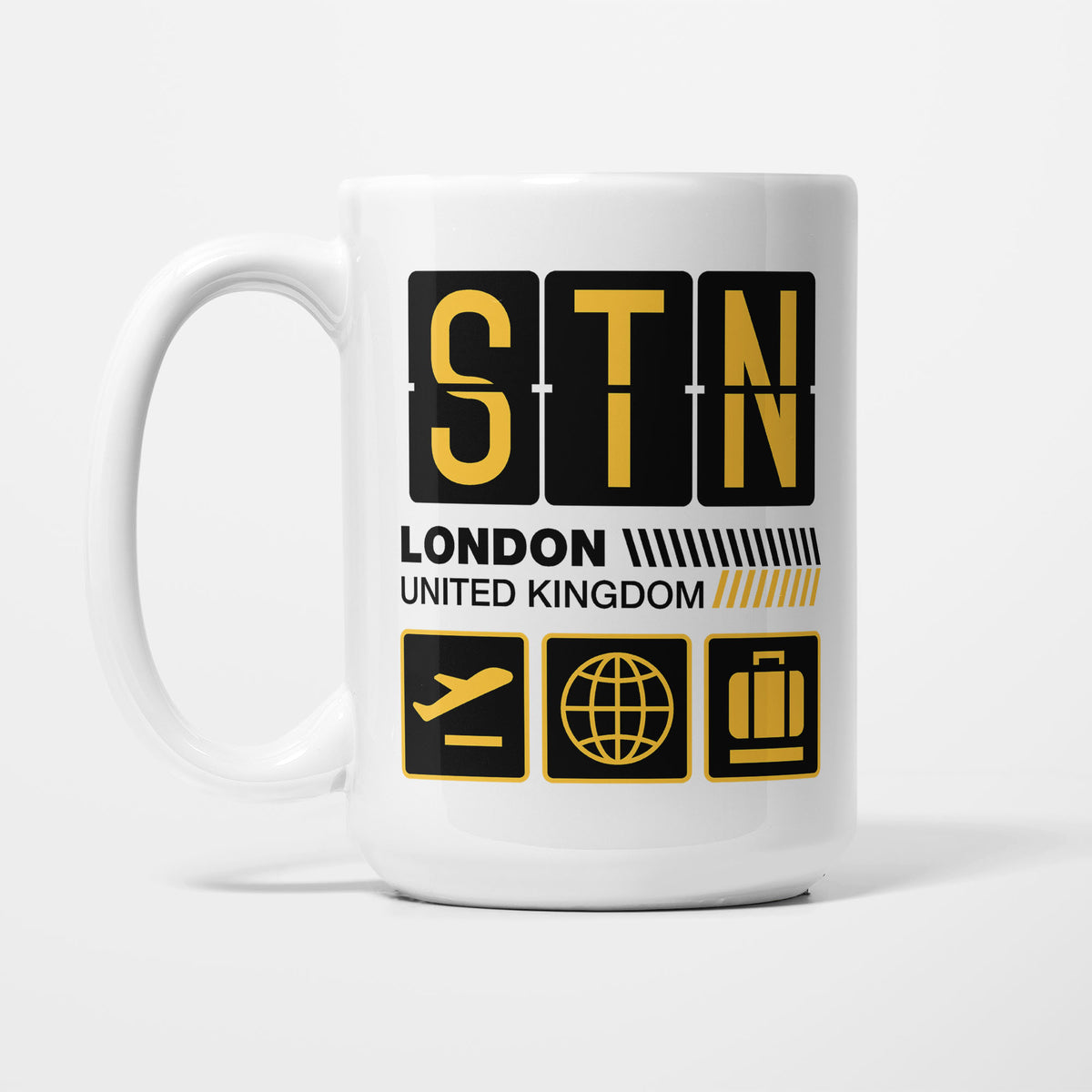 London Stansted Airport Tag printed on a white 15oz/425ml mug