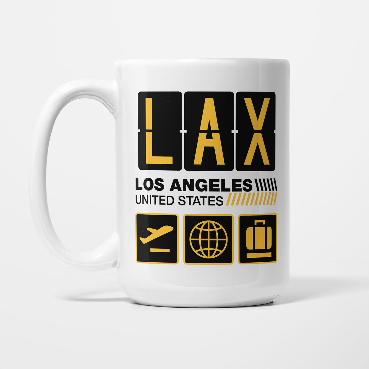 Los Angeles Airport Tag printed on a white 15oz/425ml mug