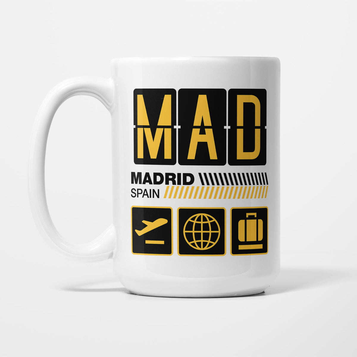Madrid Airport Tag printed on a white 15oz/425ml mug