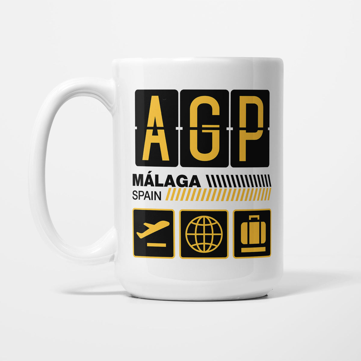 Malaga Airport Tag printed on a white 15oz/425ml mug