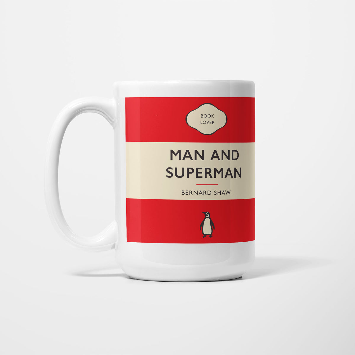 The 15oz Man and Superman mug, white ceramic printed as a vintage paperback jacket in red and cream, reading 'Man and Superman' above Bernard Shaw