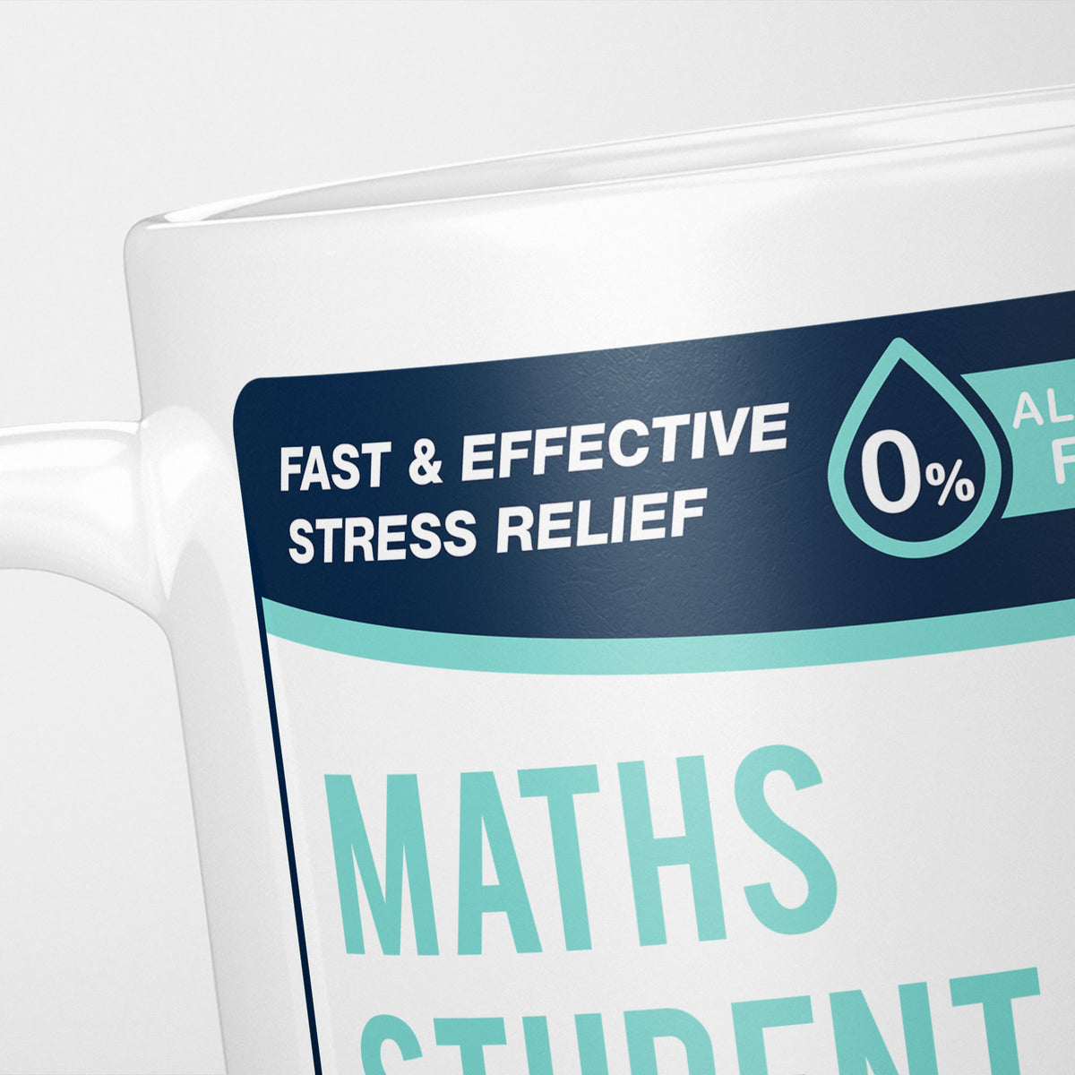 Close crop of the Maths Student Tears label, the navy 'fast and effective stress relief' banner above the start of the name