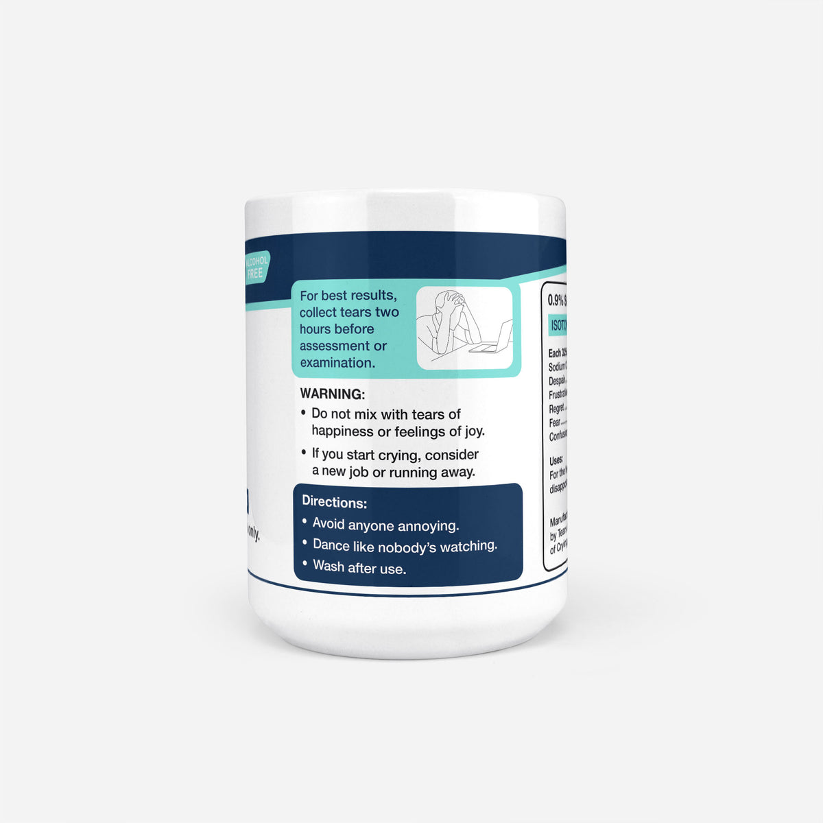 Reverse of the 15oz Maths Student Tears mug: warning panel reading do not mix with tears of happiness or feelings of joy, with directions to avoid anyone annoying and wash after use