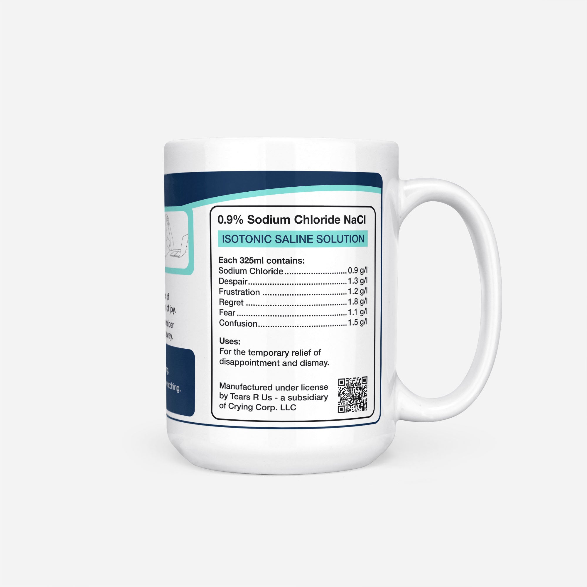 Side of the 15oz Maths Student Tears mug: ingredients panel listing 0.9% sodium chloride with despair, frustration, regret, fear and confusion