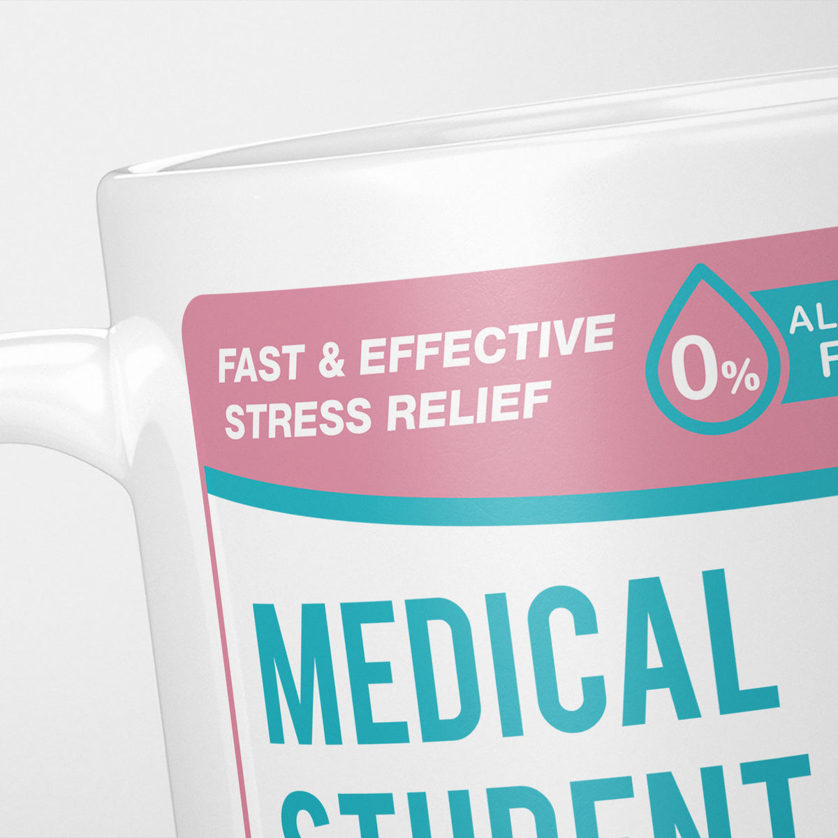Close crop of the Medical Student Tears label, the pink 'fast and effective stress relief' banner above the start of the name