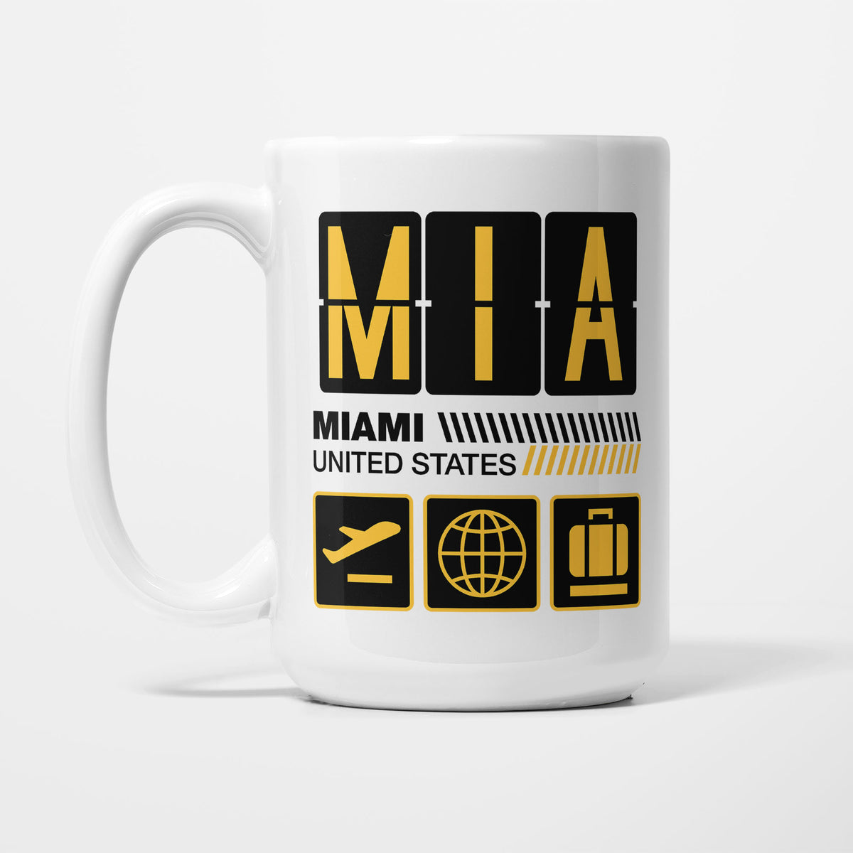 Miami Airport Tag printed on a white 15oz/425ml mug
