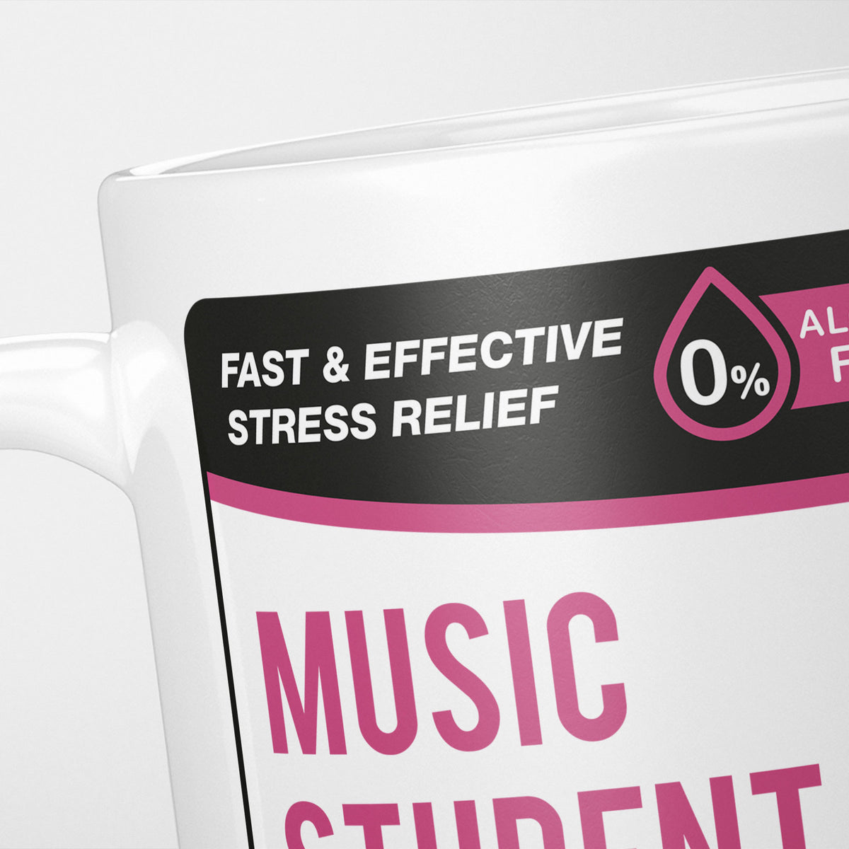 Close crop of the Music Student Tears label, the black 'fast and effective stress relief' banner above the start of the name