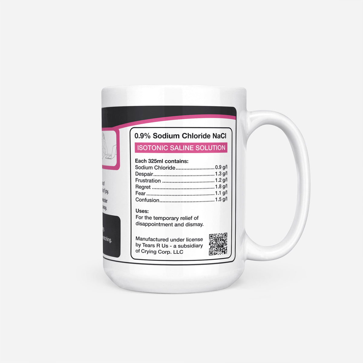 Side of the 15oz Music Student Tears mug: ingredients panel listing 0.9% sodium chloride with despair, frustration, regret, fear and confusion