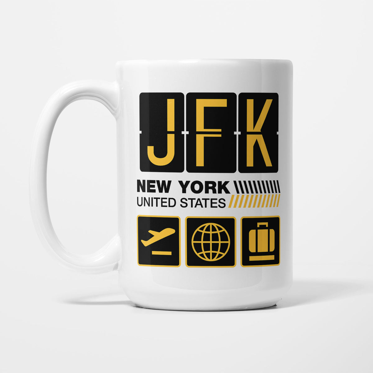 New York Airport Tag printed on a white 15oz/425ml mug