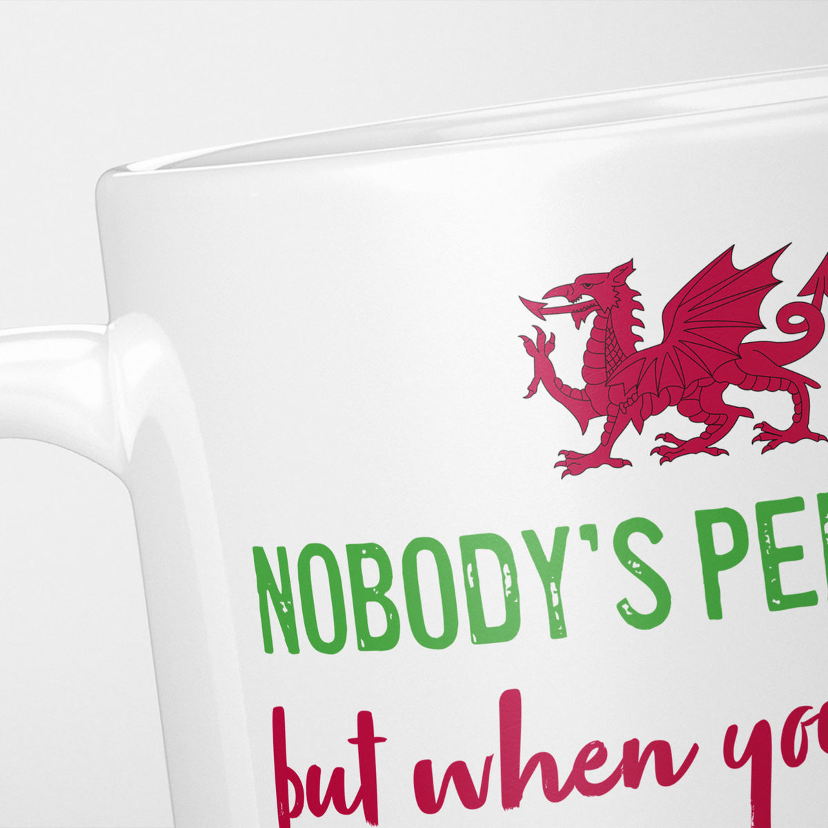 Close crop of the Nobody's Perfect Wales mug, the red dragon above 'Nobody's per…'