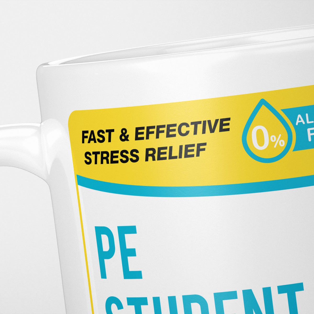 Close crop of the PE Student Tears label, the yellow 'fast and effective stress relief' banner above the start of the name