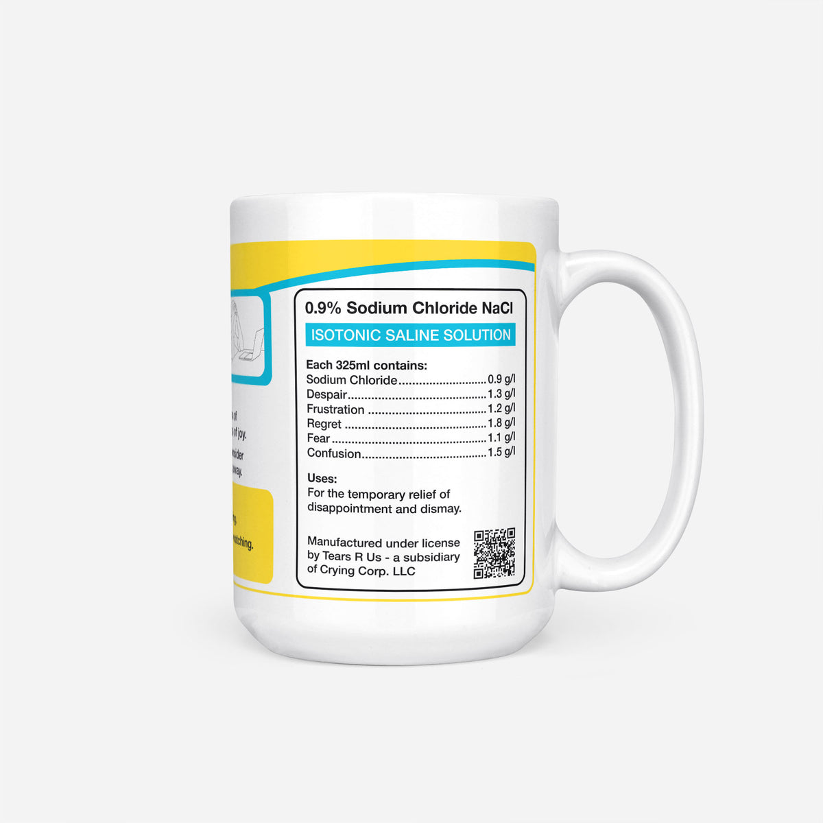 Side of the 15oz PE Student Tears mug: ingredients panel listing 0.9% sodium chloride with despair, frustration, regret, fear and confusion