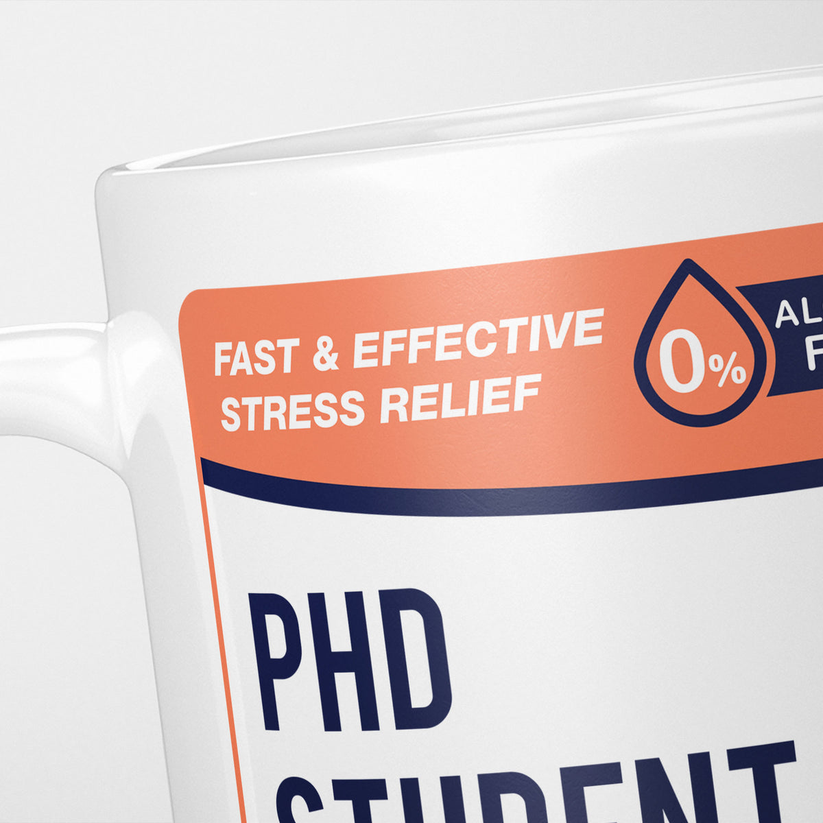 Close crop of the PhD Student Tears label, the navy 'fast and effective stress relief' banner above the start of the name