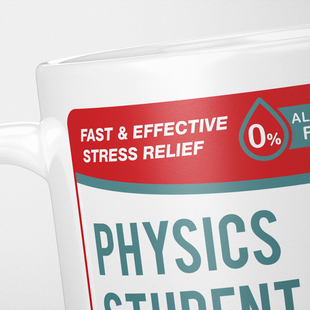 Close crop of the Physics Student Tears label, the red 'fast and effective stress relief' banner above the start of the name