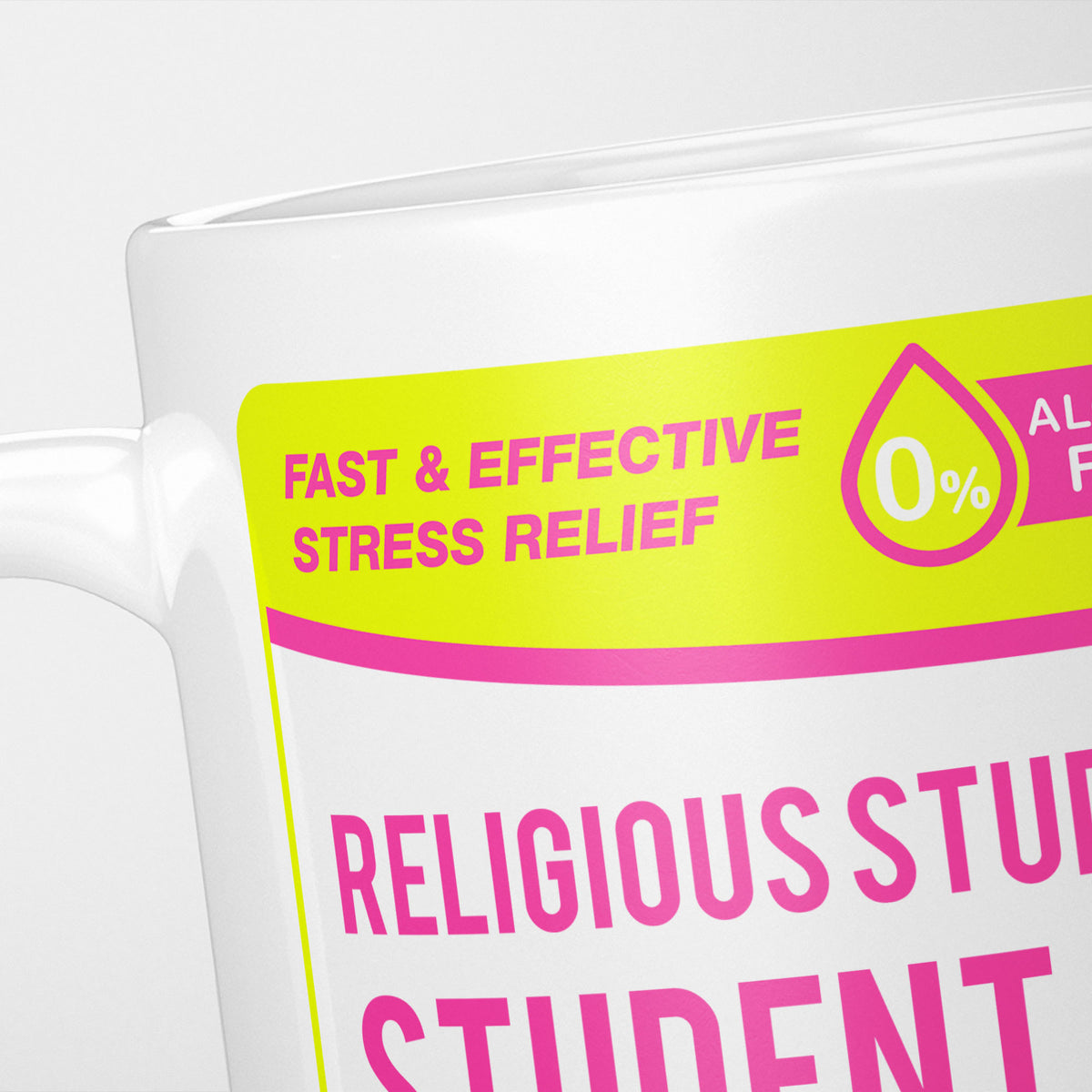 Close crop of the Religious Studies Student Tears label, the yellow 'fast and effective stress relief' banner above the start of the name