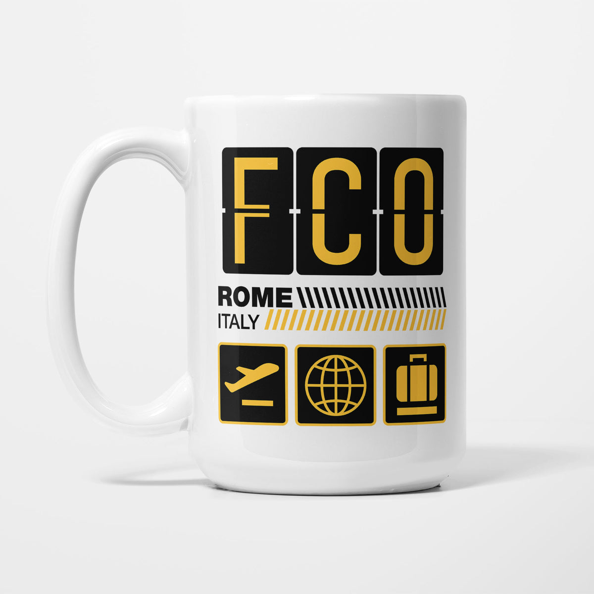 Rome Airport Tag printed on a white 15oz/425ml mug