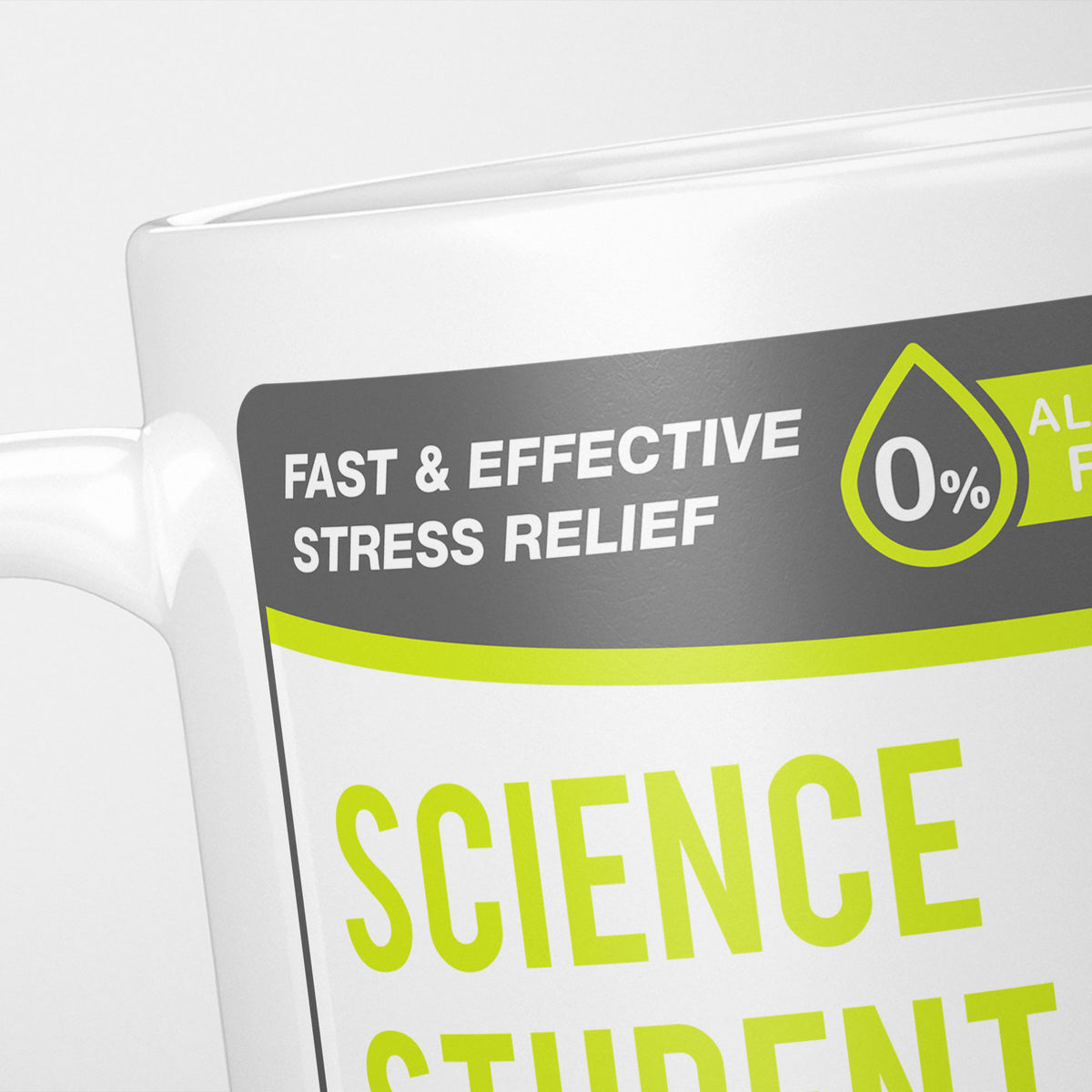 Close crop of the Science Student Tears label, the grey 'fast and effective stress relief' banner above the start of the name