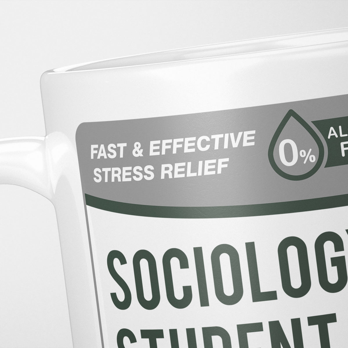 Close crop of the Sociology Student Tears label, the grey 'fast and effective stress relief' banner above the start of the name
