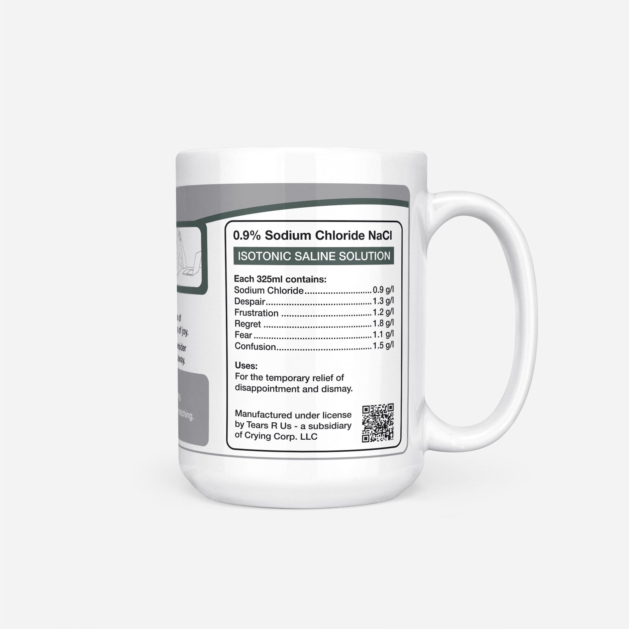 Side of the 15oz Sociology Student Tears mug: ingredients panel listing 0.9% sodium chloride with despair, frustration, regret, fear and confusion