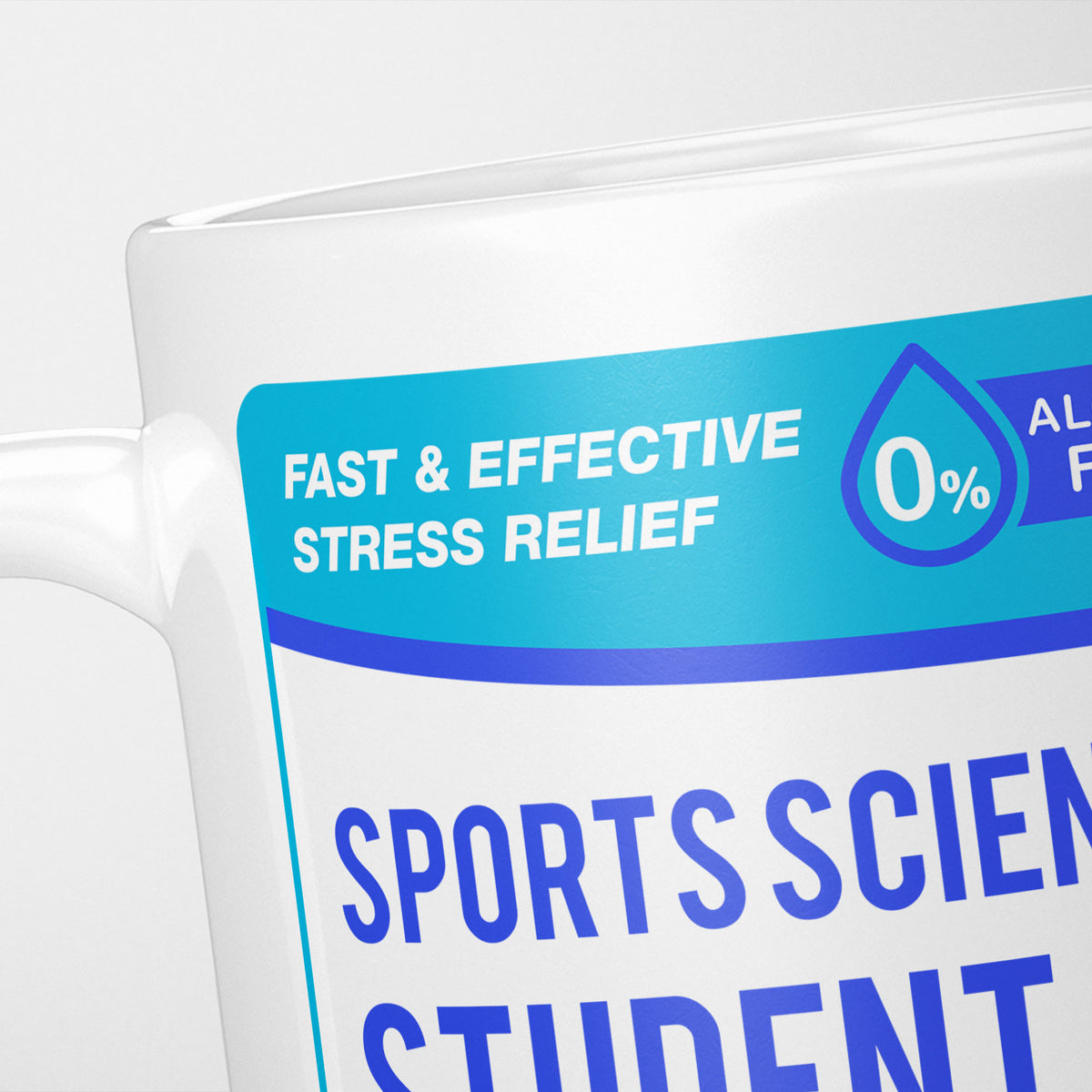Close crop of the Sports Science Student Tears label, the cyan 'fast and effective stress relief' banner above the start of the name