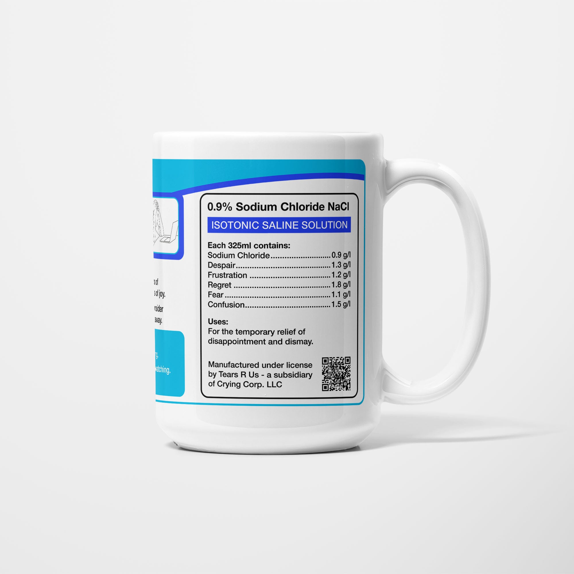 Side of the 15oz Sports Science Student Tears mug: ingredients panel listing 0.9% sodium chloride with despair, frustration, regret, fear and confusion