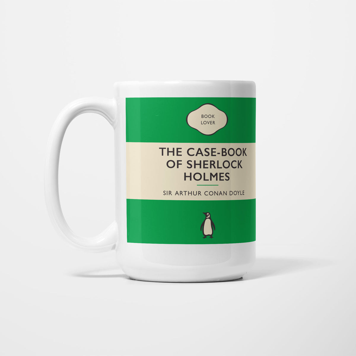 The 15oz Case-Book of Sherlock Holmes mug, white ceramic printed as a vintage paperback jacket in green and cream, reading 'The Case-Book of Sherlock Holmes' above Sir Arthur Conan Doyle