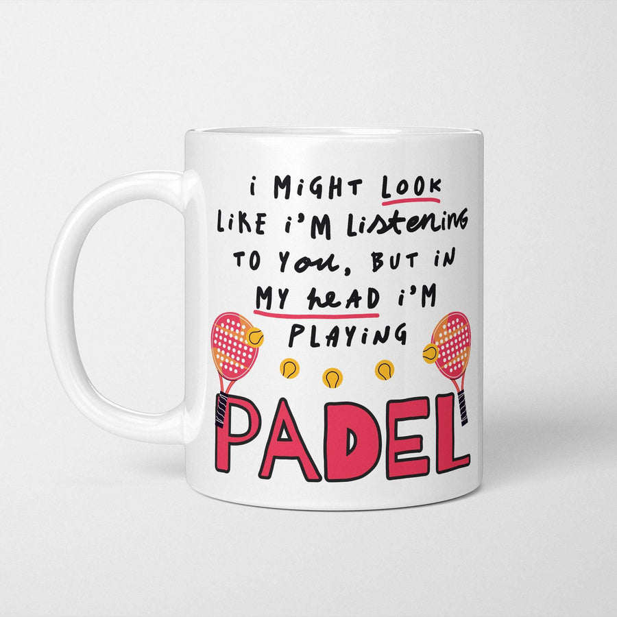 White ceramic mug with hand-drawn doodle design reading 'In My Head I'm Playing Padel'