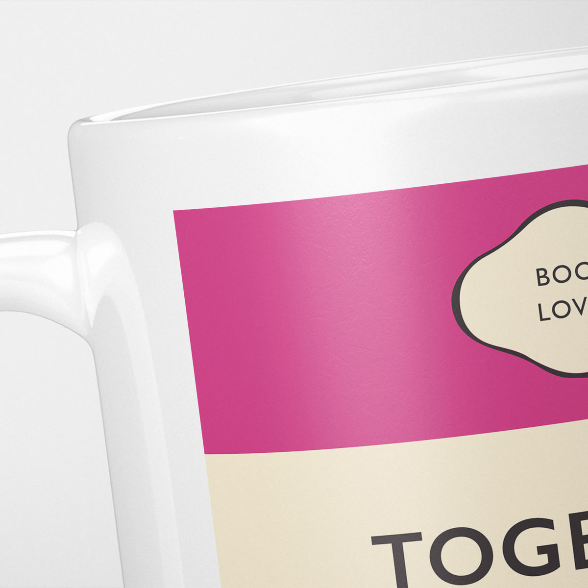 Close crop of the Together jacket, the magenta band above the cream title panel, the lettering running off the frame