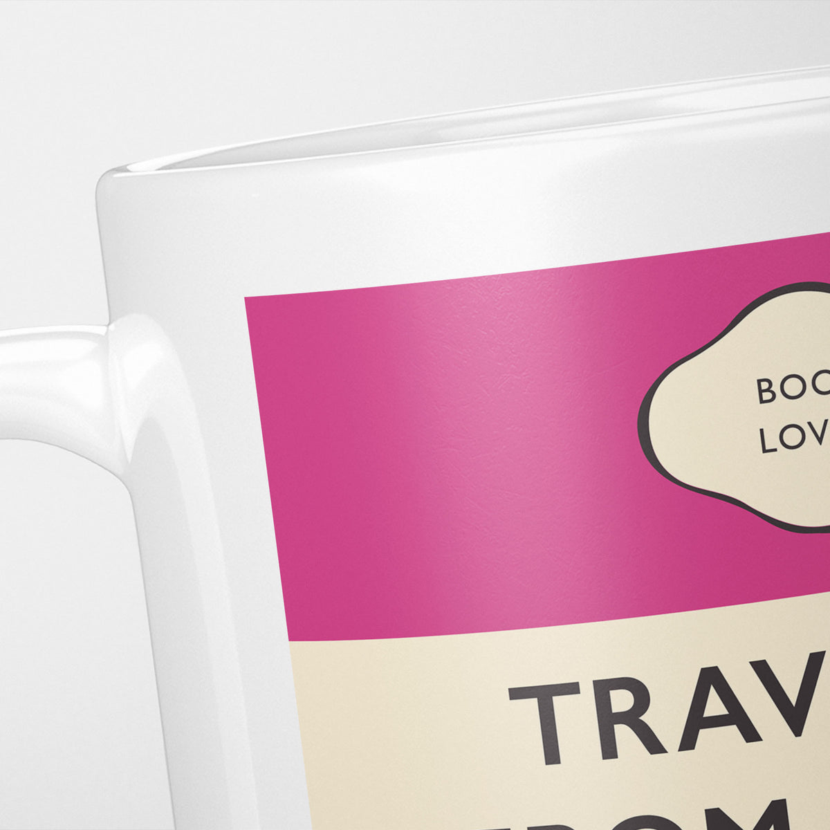Close crop of the Traveller from Tokyo jacket, the magenta band above the cream title panel, the lettering running off the frame
