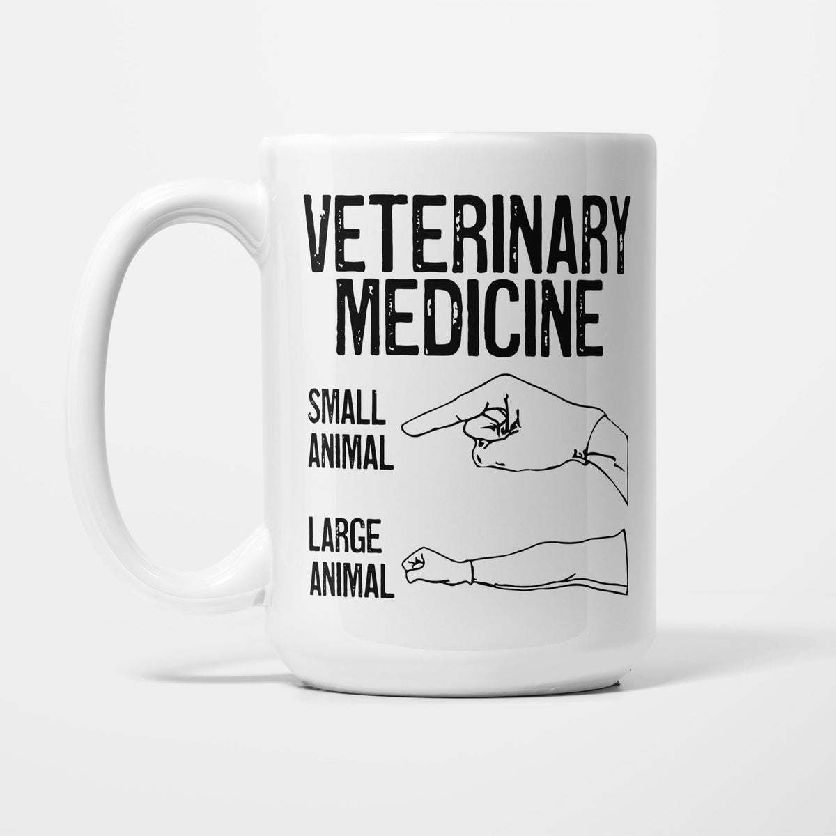 The 15oz Veterinary Medicine mug, white ceramic with line drawings of a hand under the heading 'Veterinary Medicine', labelled 'small animal' and 'large animal'