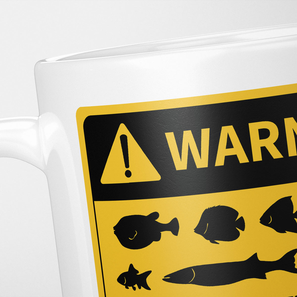 Close crop of the Fish warning sign, the hazard triangle and 'warning' above a row of fish silhouettes