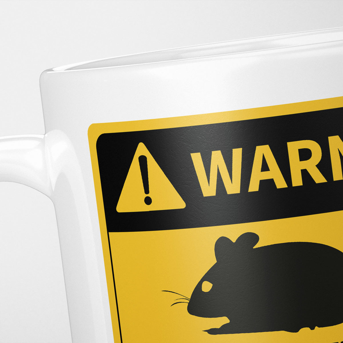 Close crop of the Mice warning sign, the hazard triangle and 'warning' above a mouse silhouette