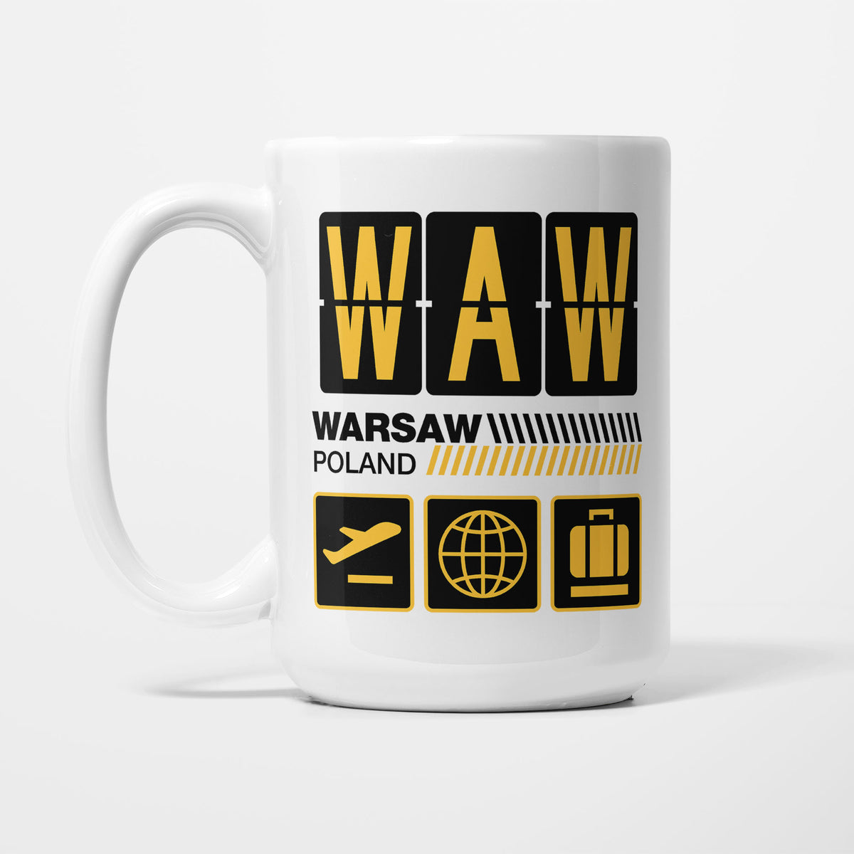 Warsaw Airport Tag printed on a white 15oz/425ml mug