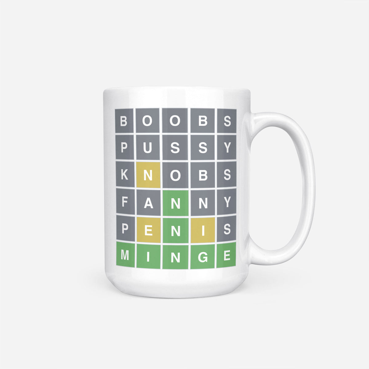 The 15oz Rude Wordle Game Swear Words mug, white ceramic printed with a Wordle-style grid of green, yellow and grey tiles spelling a series of rude words