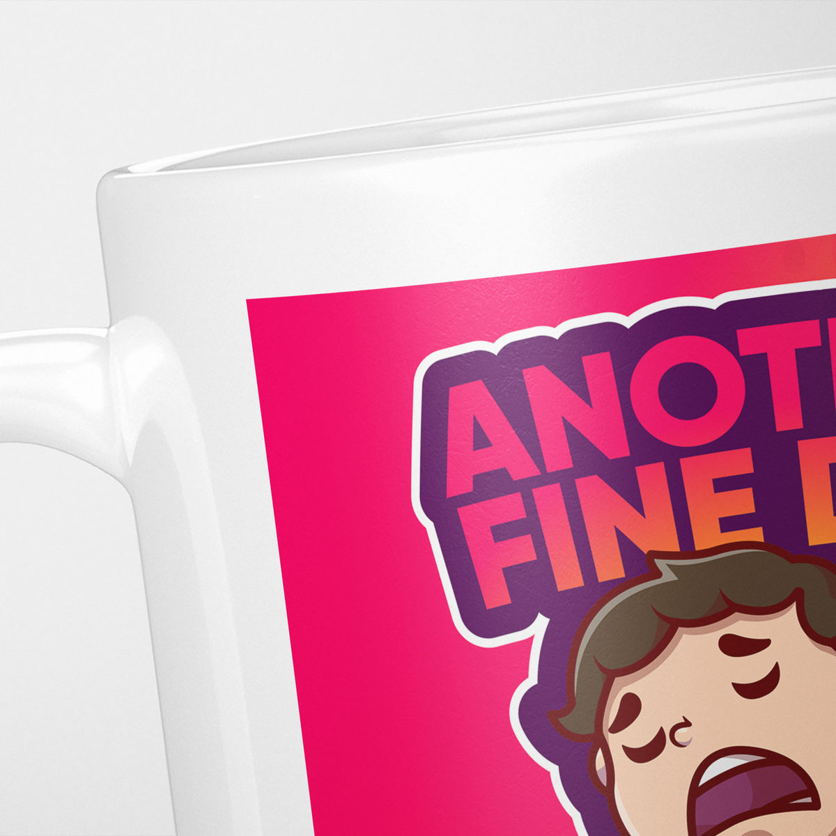 Close crop of the Another Fine Day Ruined By Responsibility mug, the magenta panel and the cartoon worker's grimacing face