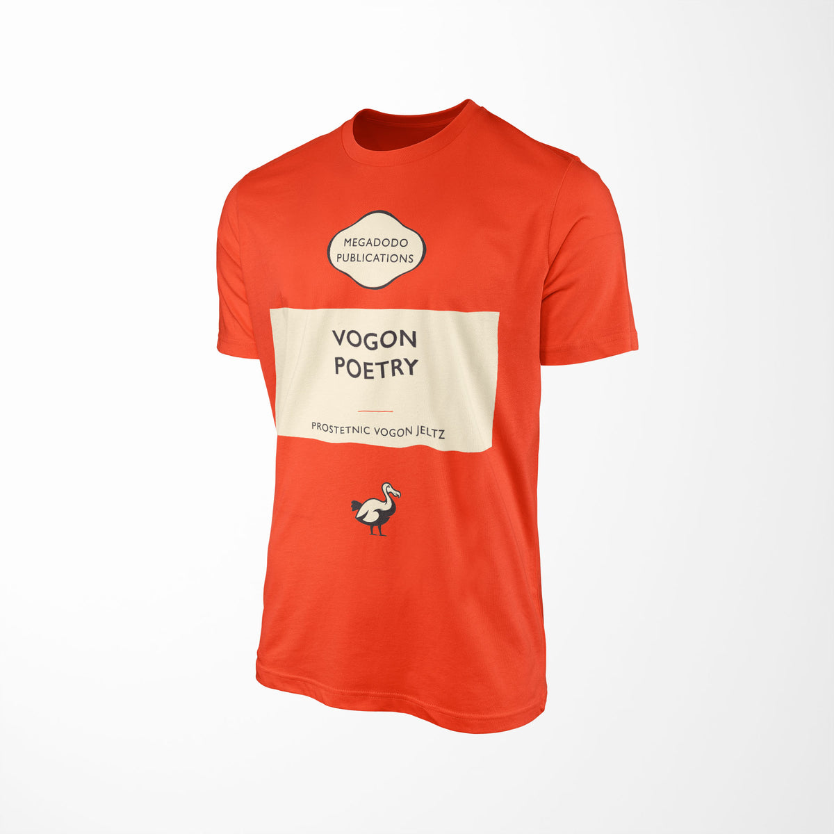 Angled front view — Vogon Poetry Orange Hitchhiker's Guide Unisex T-Shirt in Orange