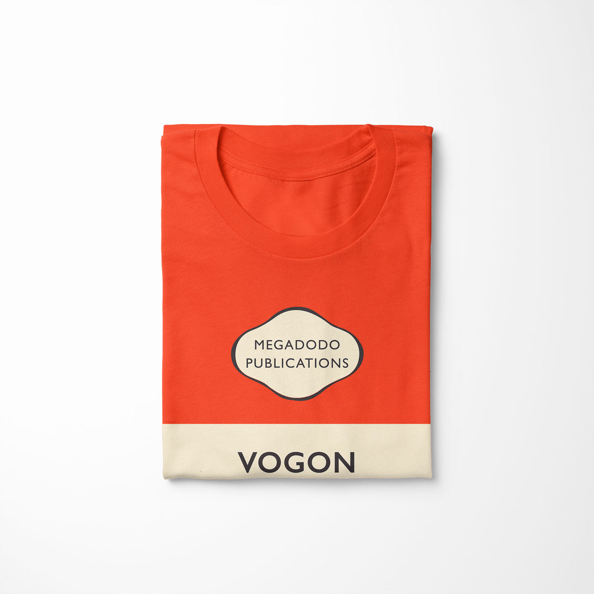 Folded — Vogon Poetry Orange Hitchhiker's Guide Unisex T-Shirt in Orange, folded with the print showing