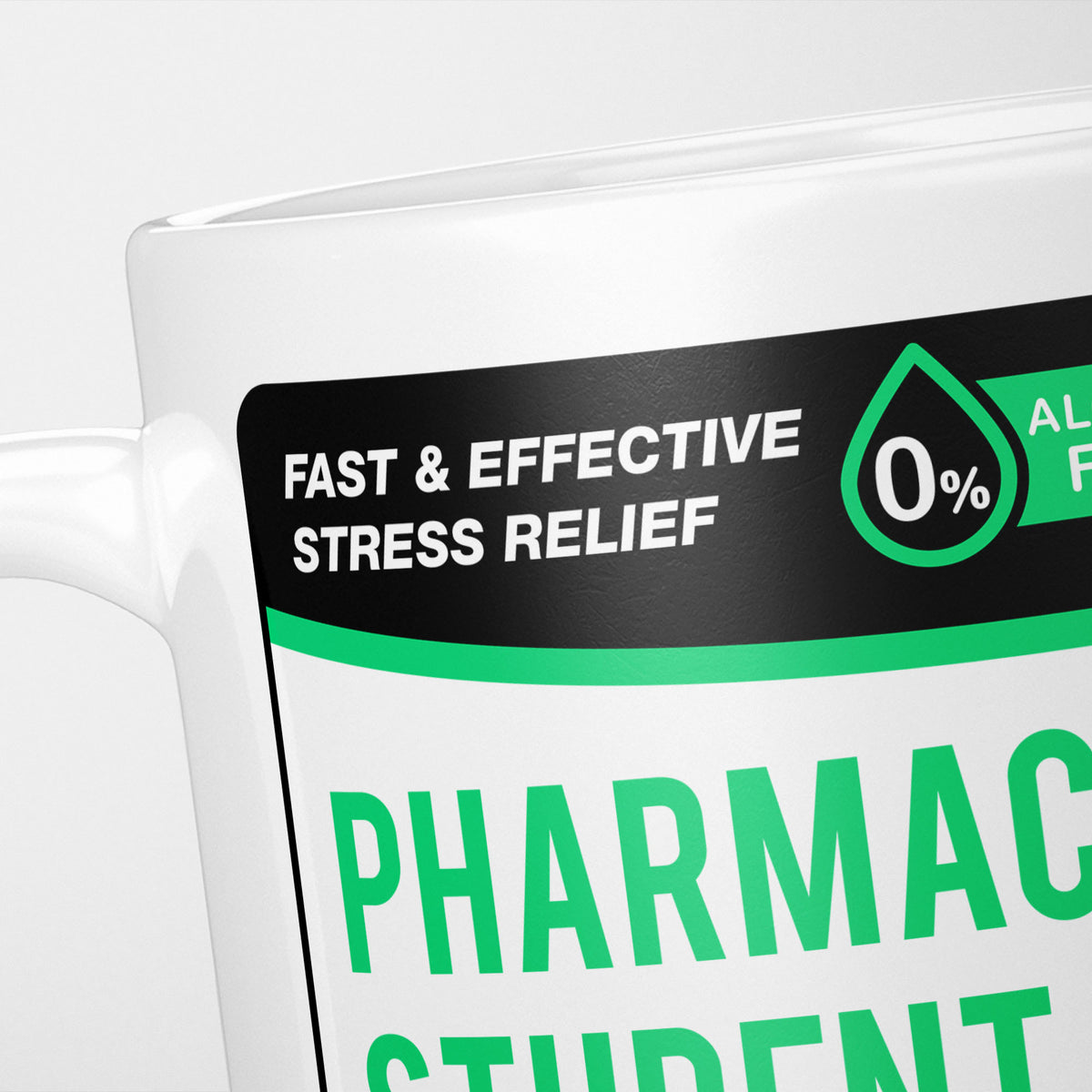 Close crop of the Pharmacy Student Tears label, the black 'fast and effective stress relief' banner above the start of the name